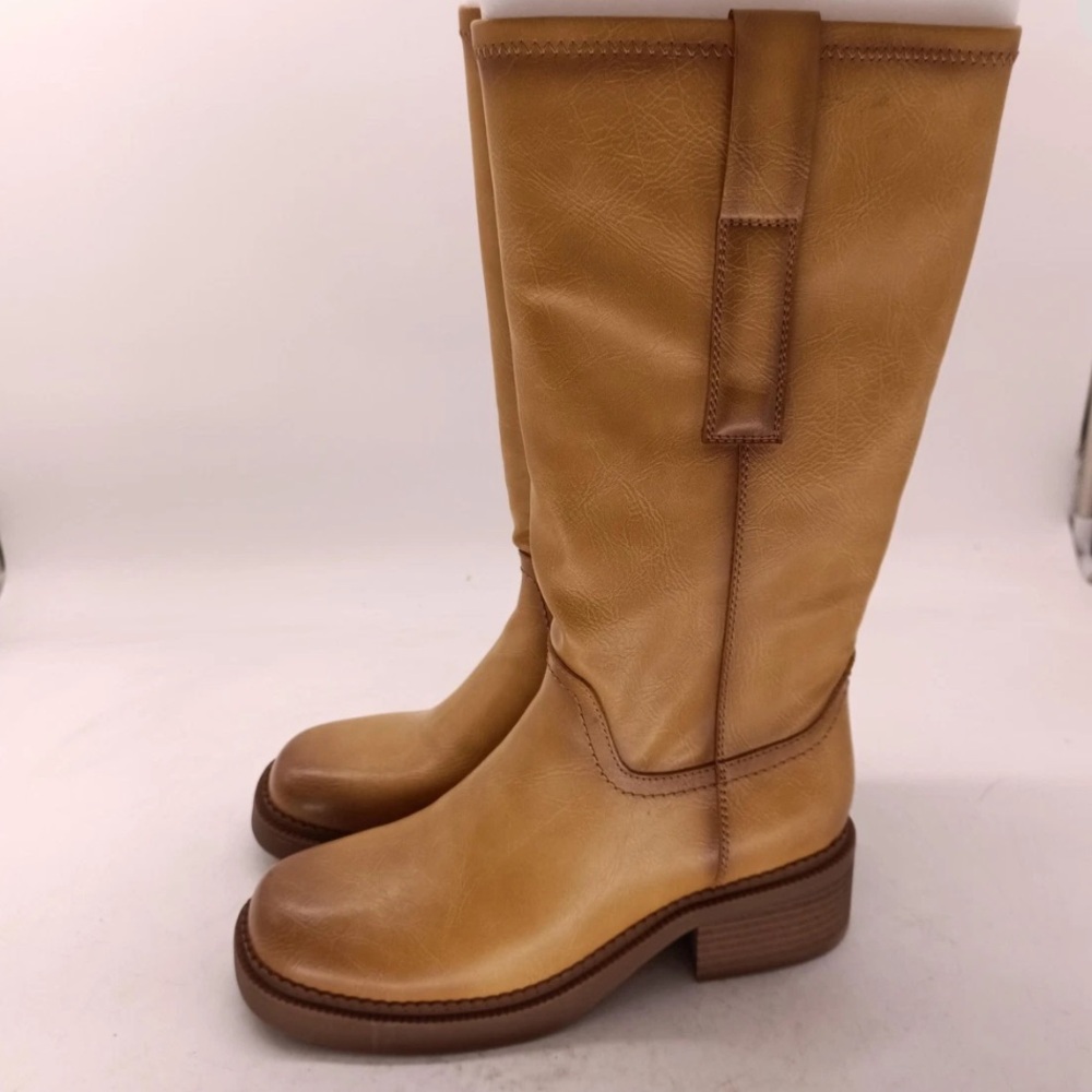 Frye & Co Mayvis Boots Womens Wheat Mid Calf Riding Zip Block Heel NEW